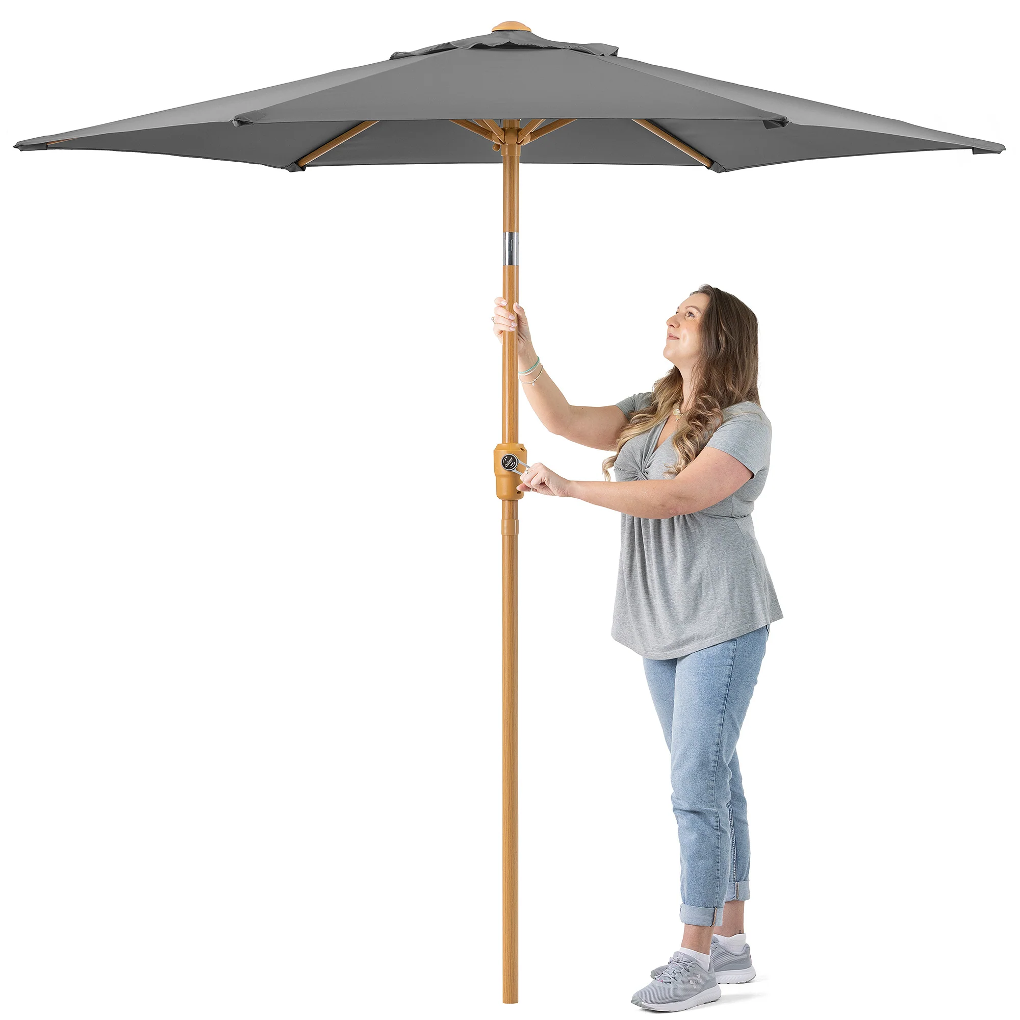 Wood-Effect Parasol with Tilt – 2.4m - Image 9
